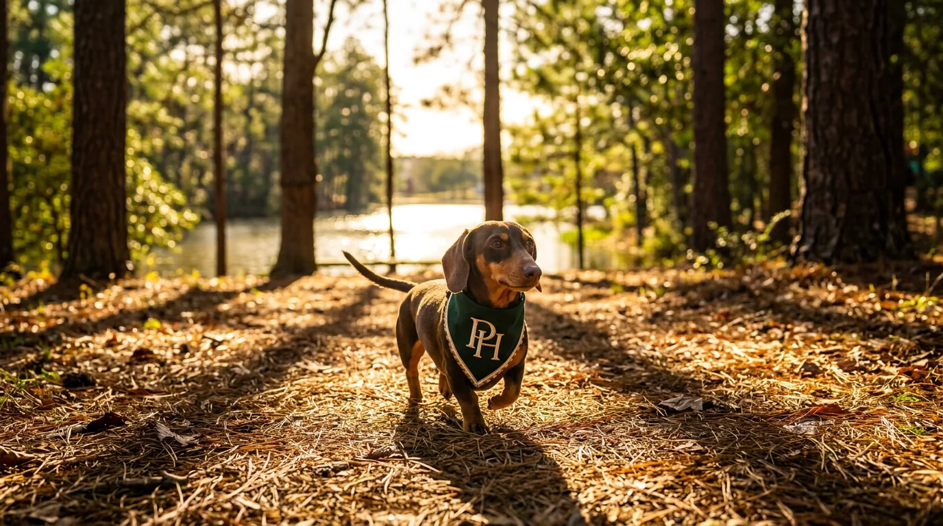 A PawHaus pup wandering the pines at sunset