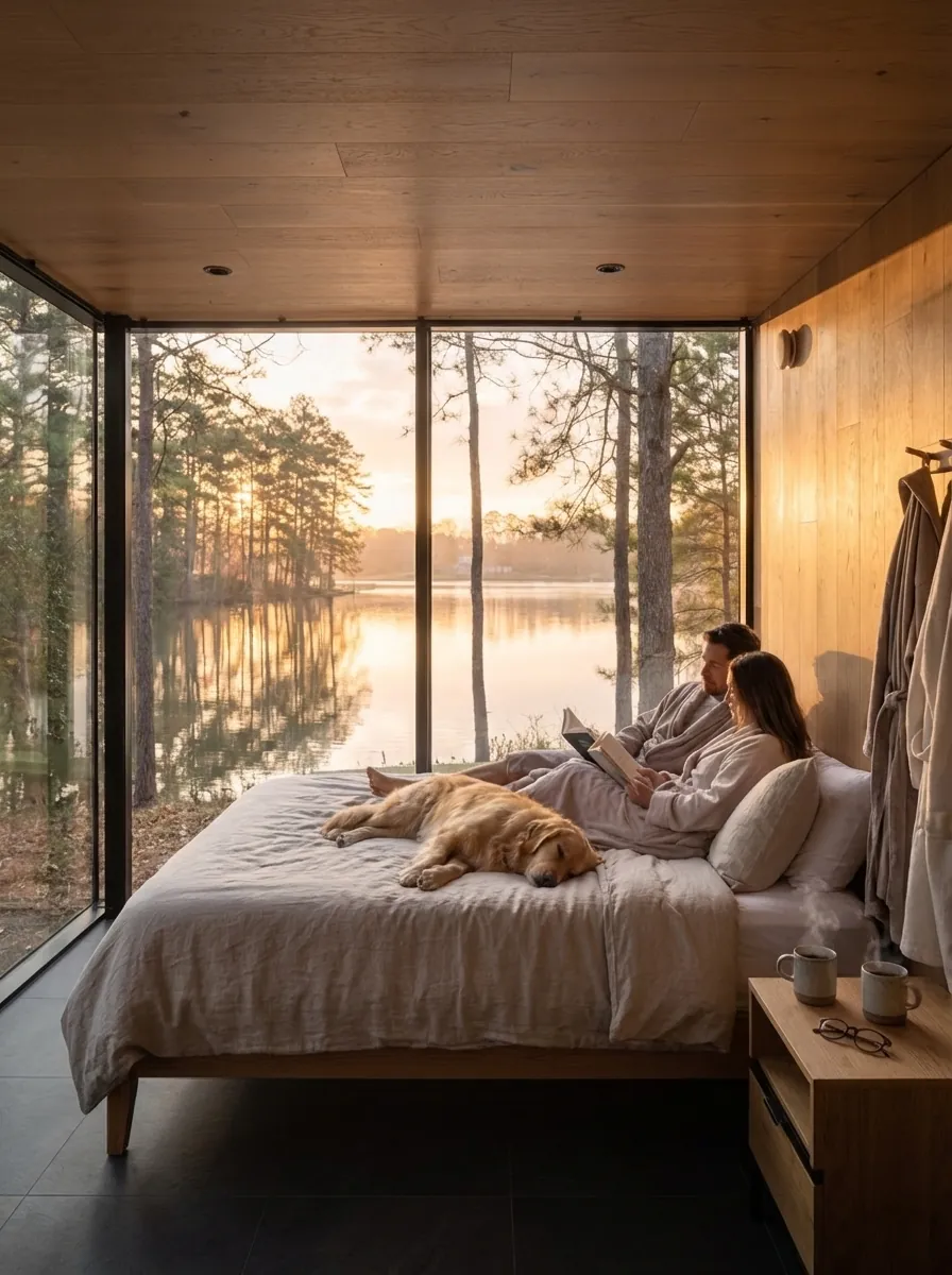 Inside a PawHaus cabin: king bed, lake at sunrise