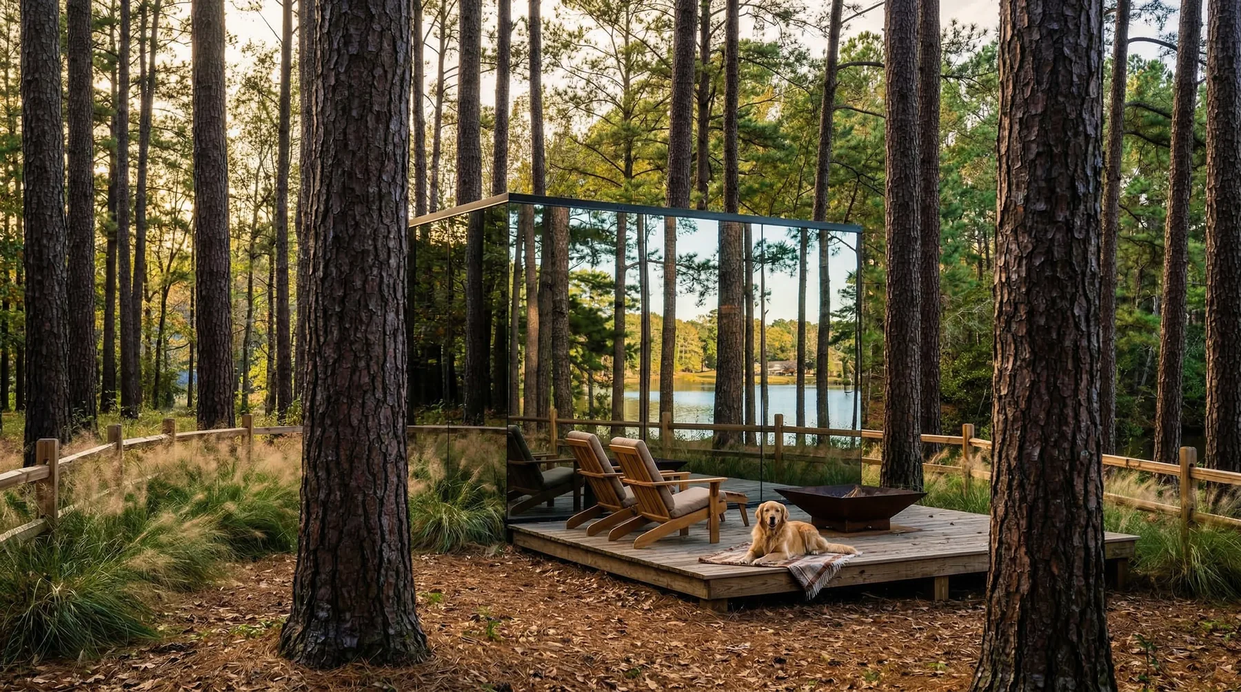 A mirrored cabin disappears into the pines